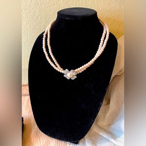 Pink Faux Pearl Double Strand Necklace with Pearl and Rhinestone Flower
